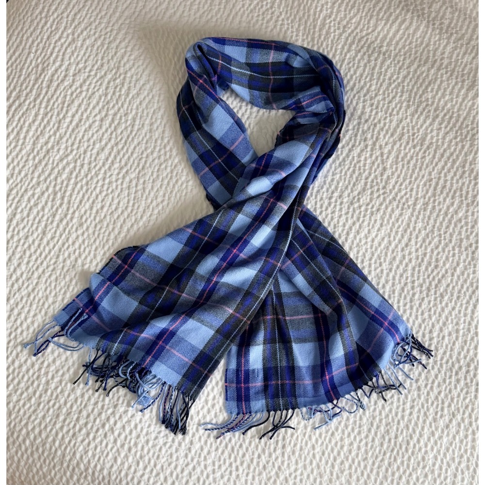J.Crew Oversized Blue Tartan Plaid Fringe Scarf Preppy Academia